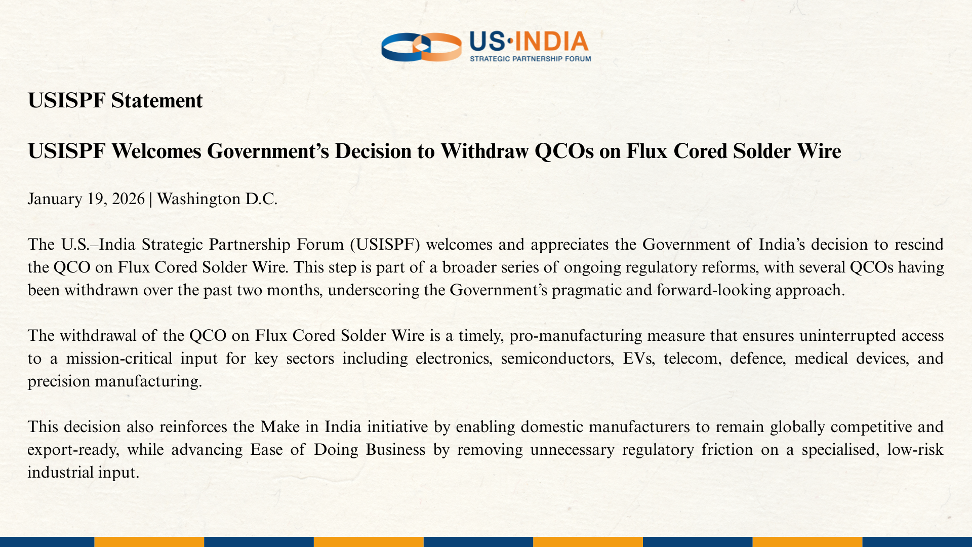 USISPF Welcomes Government’s Decision to Withdraw QCOs on Flux Cored Solder Wire